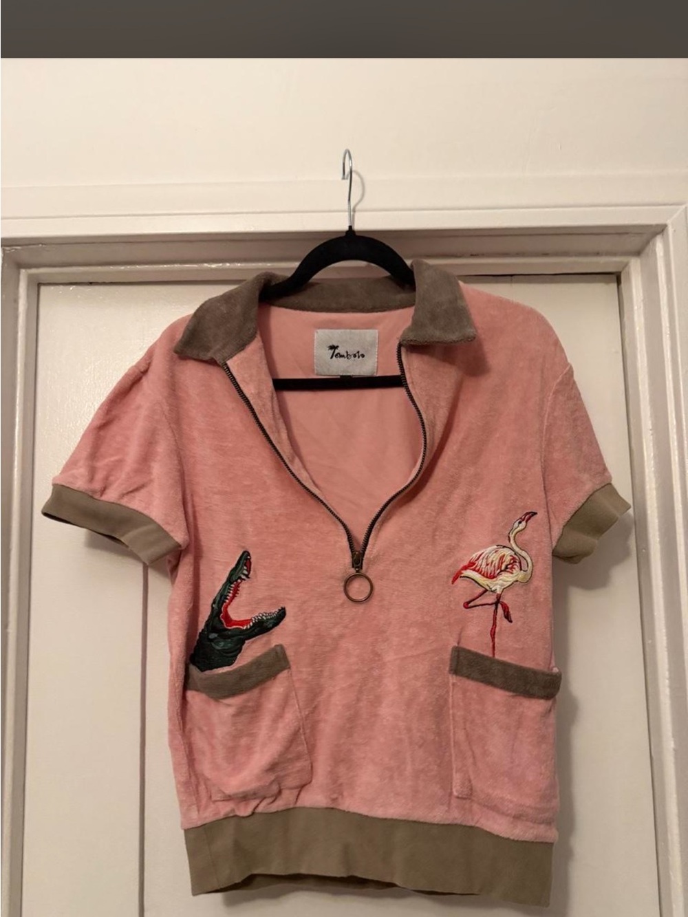 Pink Terry Short-Sleeve Pullover with Flamingo & Croc Embroidery